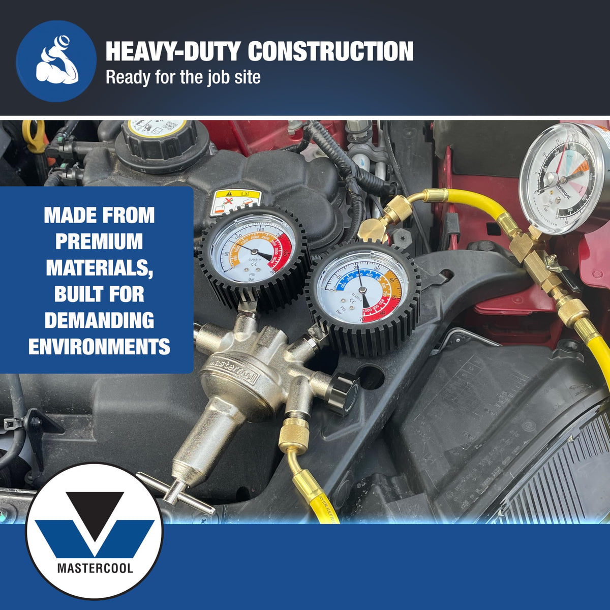 Mastercool kit in use on vehicle A/C system demonstrating efficient on-vehicle testing