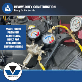 Mastercool kit in use on vehicle A/C system demonstrating efficient on-vehicle testing