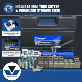 Mastercool tool in a shop setting being used on a brake line to speed professional repairs
