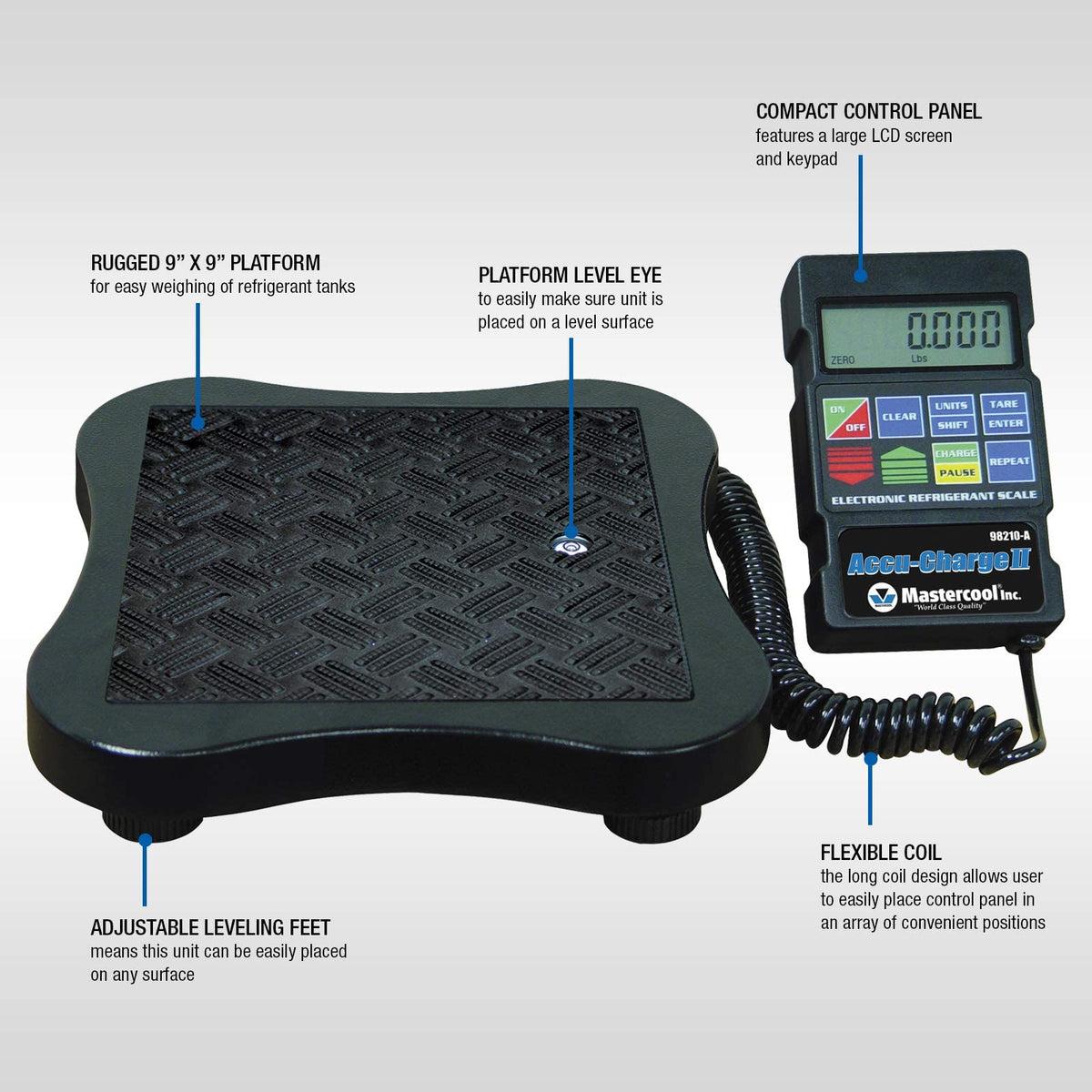 Mastercool close-up of 9x9 inch non-slip platform, ensuring stable cylinder weighing