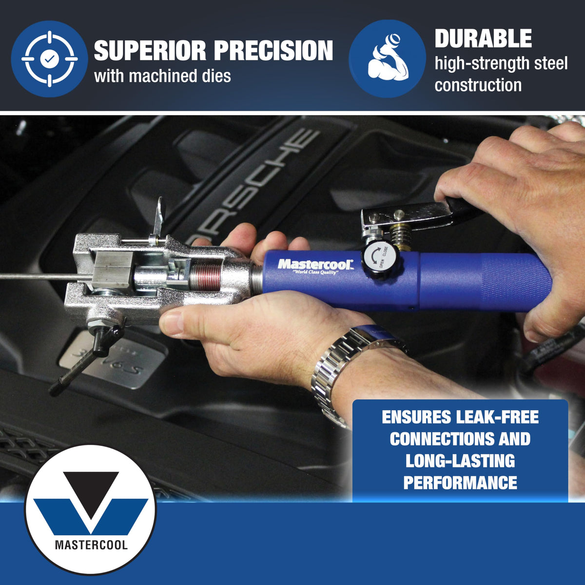 Mastercool precision-formed dies arranged neatly highlighting durability and accurate flare profiles