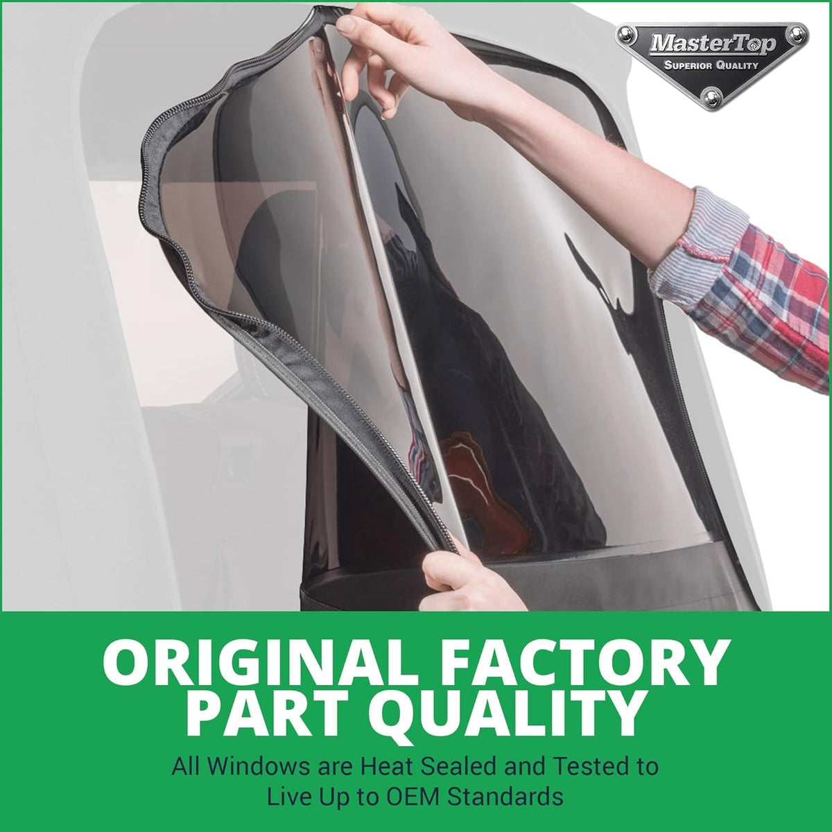 MasterTop rear window on a Wrangler in off‑road setting for rugged reliability