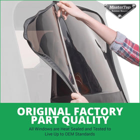 MasterTop rear window on a Wrangler in off‑road setting for rugged reliability