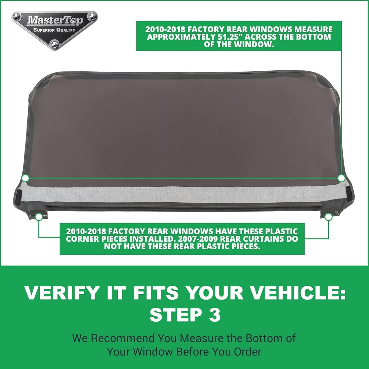 MasterTop rear window measured against ruler to confirm 51.25 inch fit