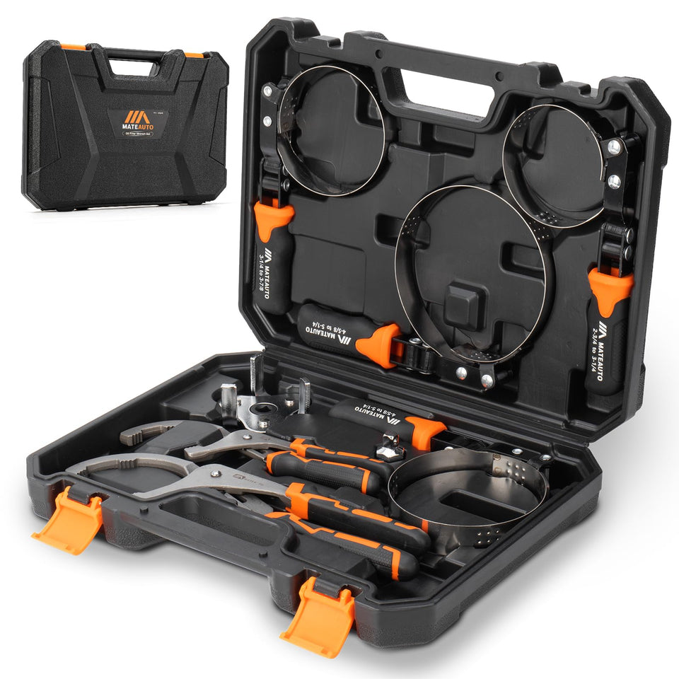 MateAuto front view of 8-piece kit showing bands and pliers for versatile removal