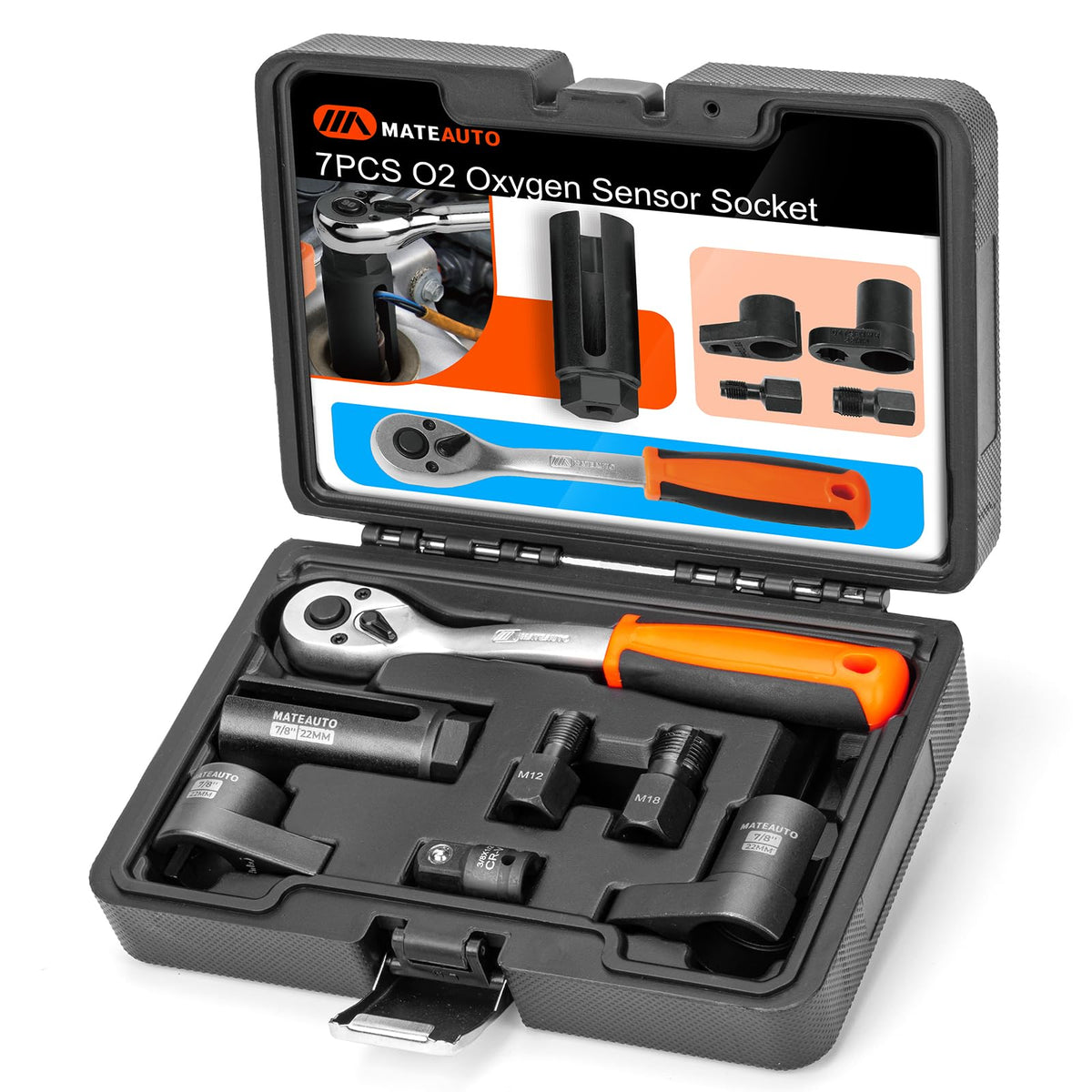 MateAuto front packaging of 7-piece oxygen sensor socket set showing complete kit and durability