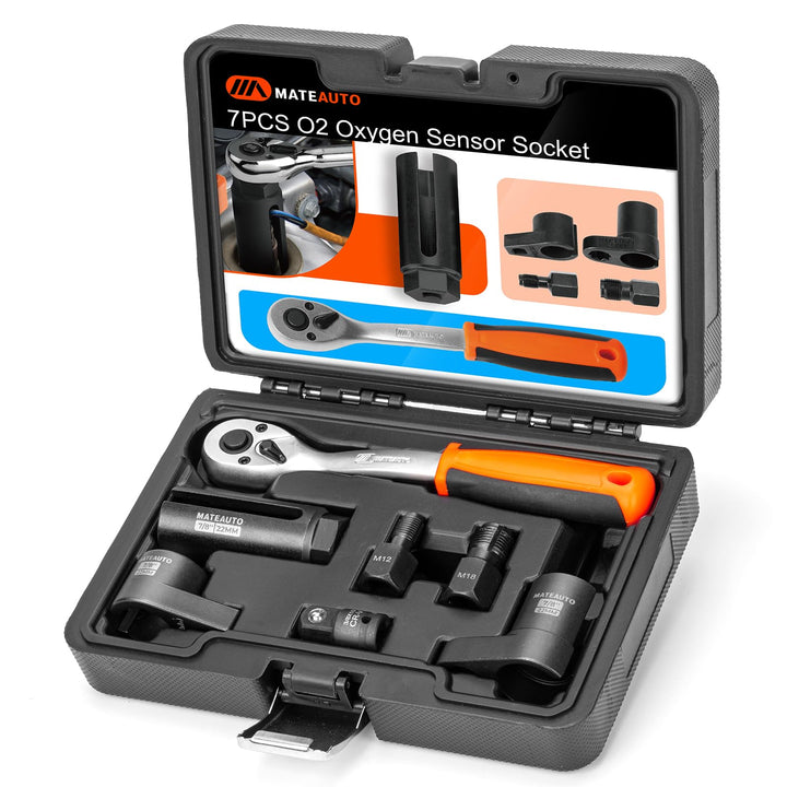 MateAuto front packaging of 7-piece oxygen sensor socket set showing complete kit and durability