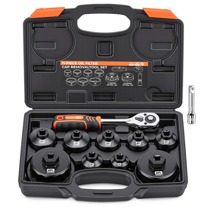 MateAuto front packaging showing full 11-piece oil filter socket set for fast selection