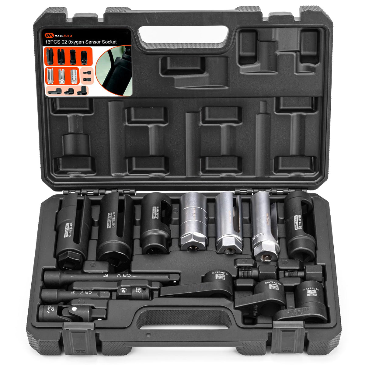 MateAuto front packaging showing complete 16-piece kit and case for easy transport