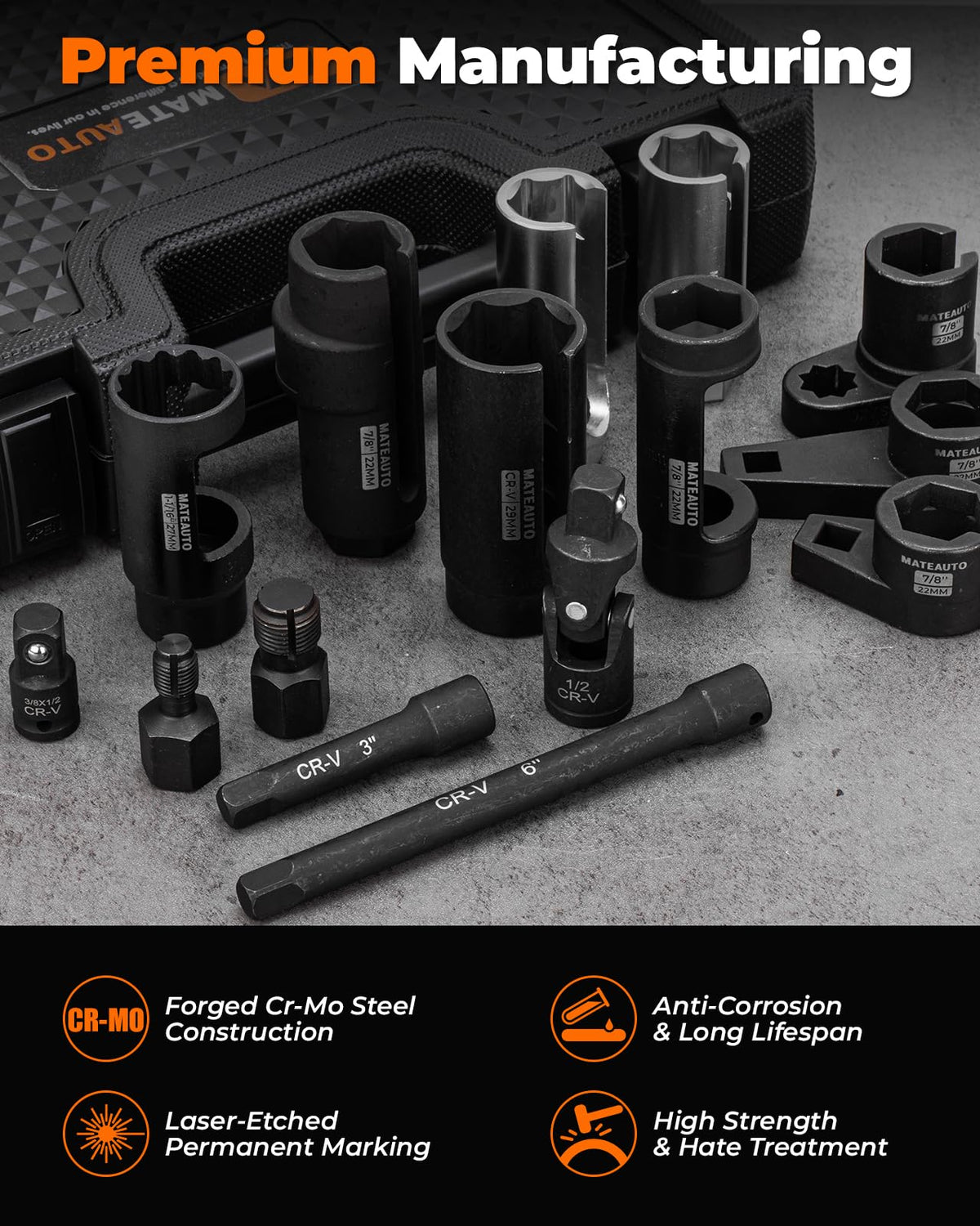 MateAuto laser-etched size markings on sockets ensuring quick identification and accuracy