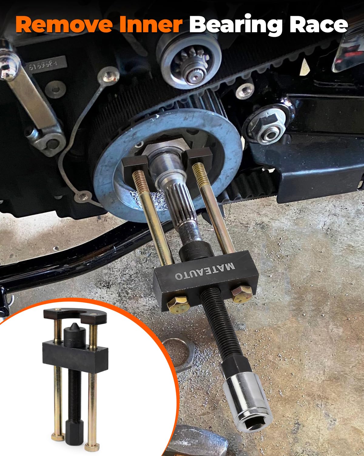MateAuto tool being used on a Harley transmission demonstrating safer bearing removal