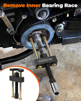 MateAuto tool being used on a Harley transmission demonstrating safer bearing removal