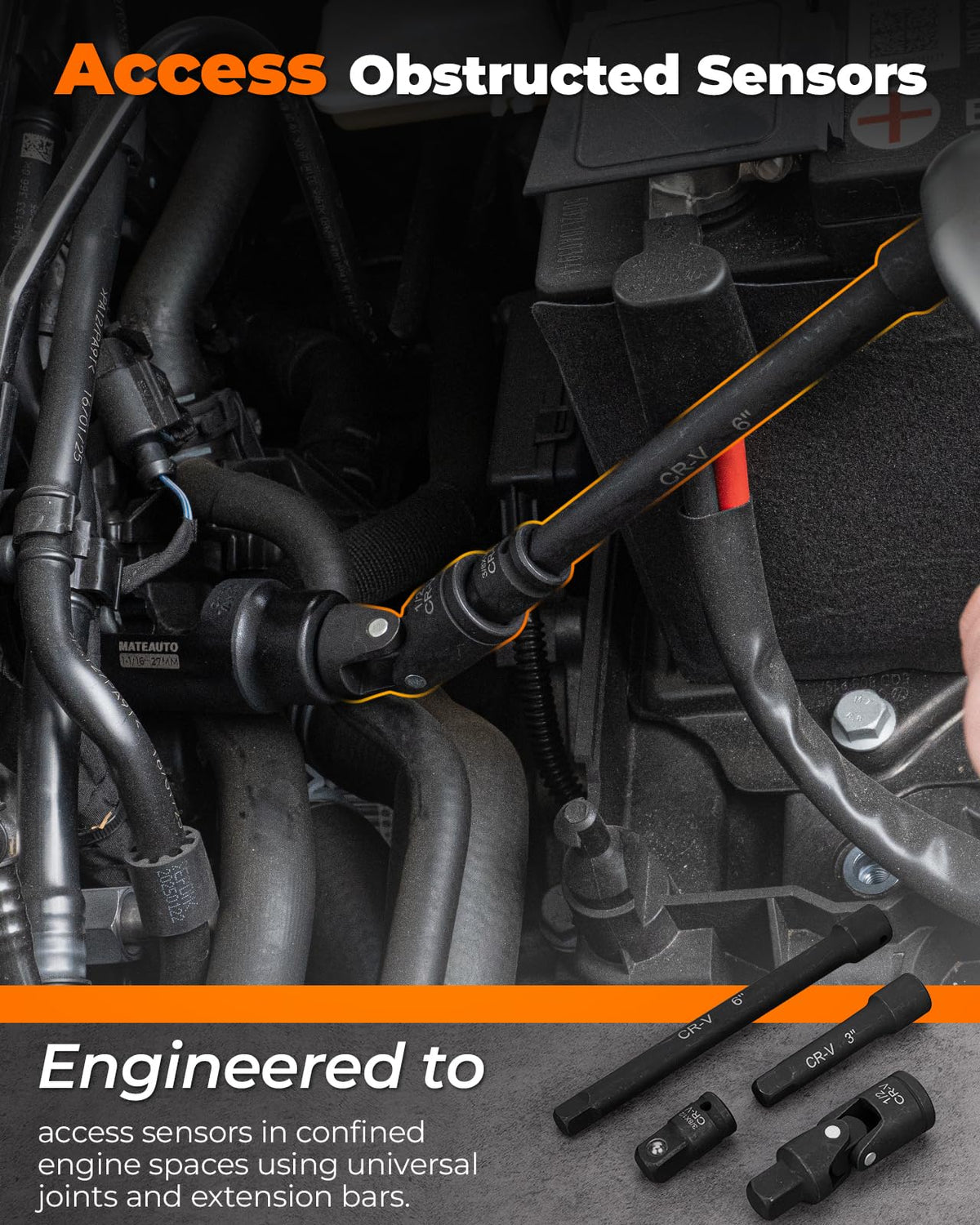 MateAuto universal joint in use reaching an angled sensor for improved accessibility