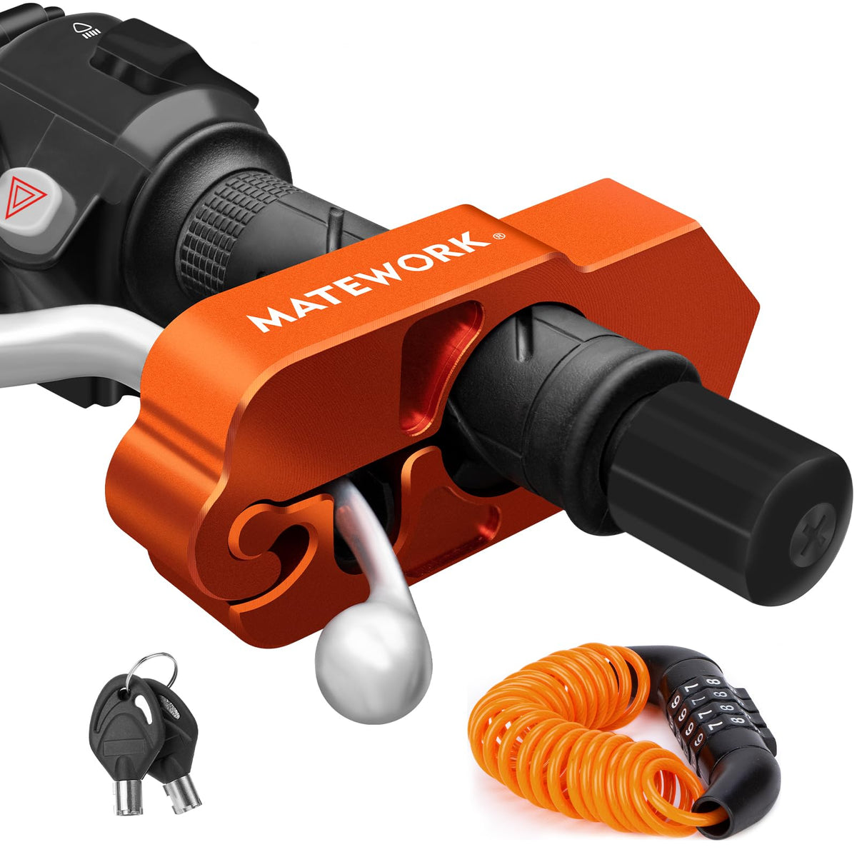 Matework lock front view showing orange finish and compact shape for visible deterrence