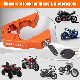 Matework lock installed on a motorcycle handlebar blocking the brake lever for security