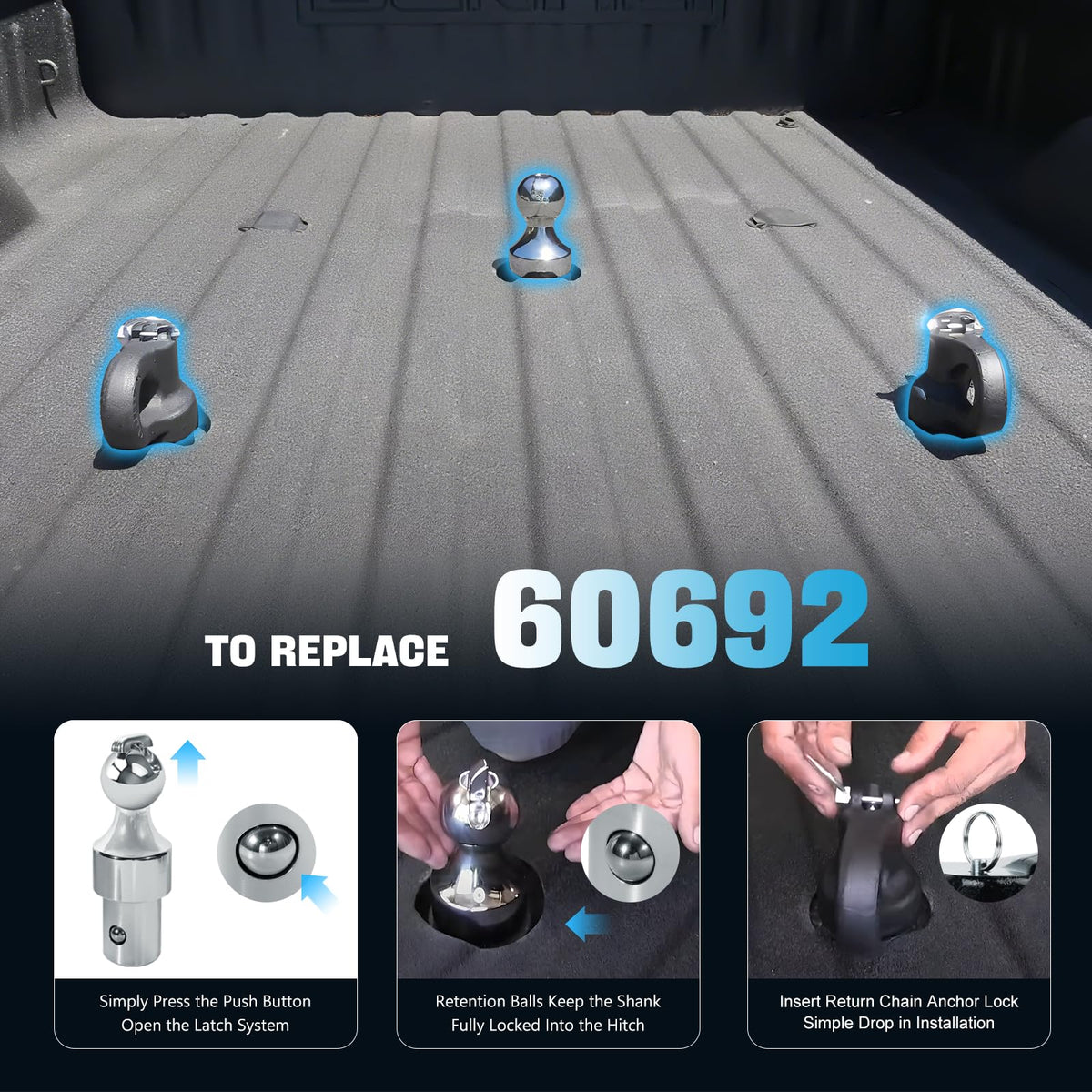 Maureen gooseneck ball installed in a Ford Super Duty bed for quick use