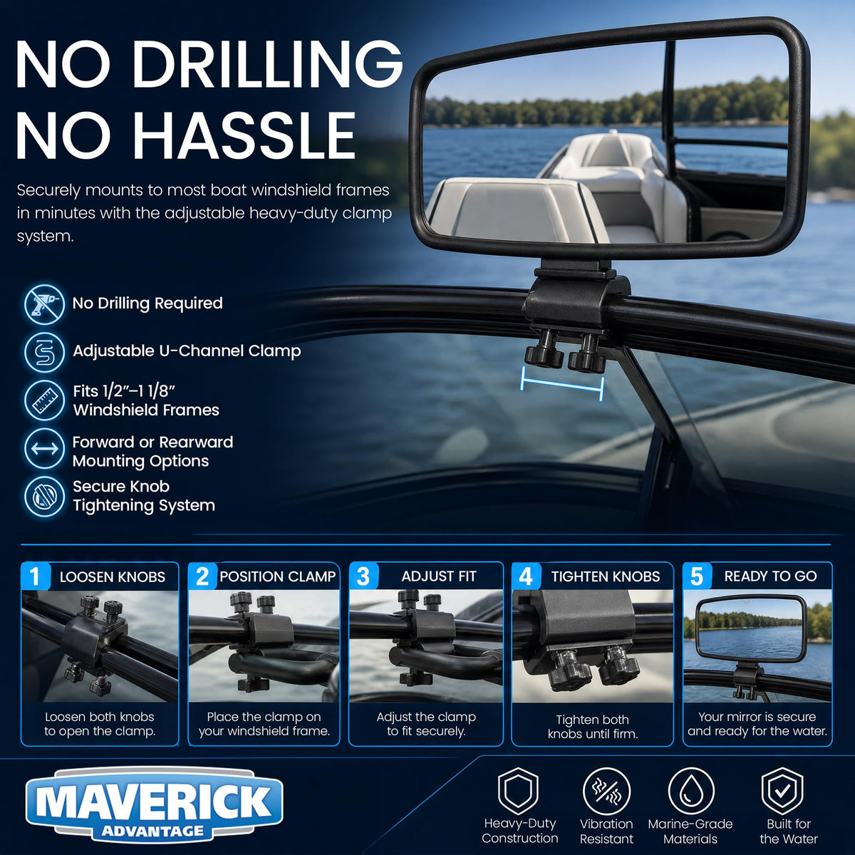 Maverick Advantage mirror mounted on boat while skier rides, improving rear monitoring