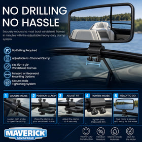 Maverick Advantage mirror mounted on boat while skier rides, improving rear monitoring