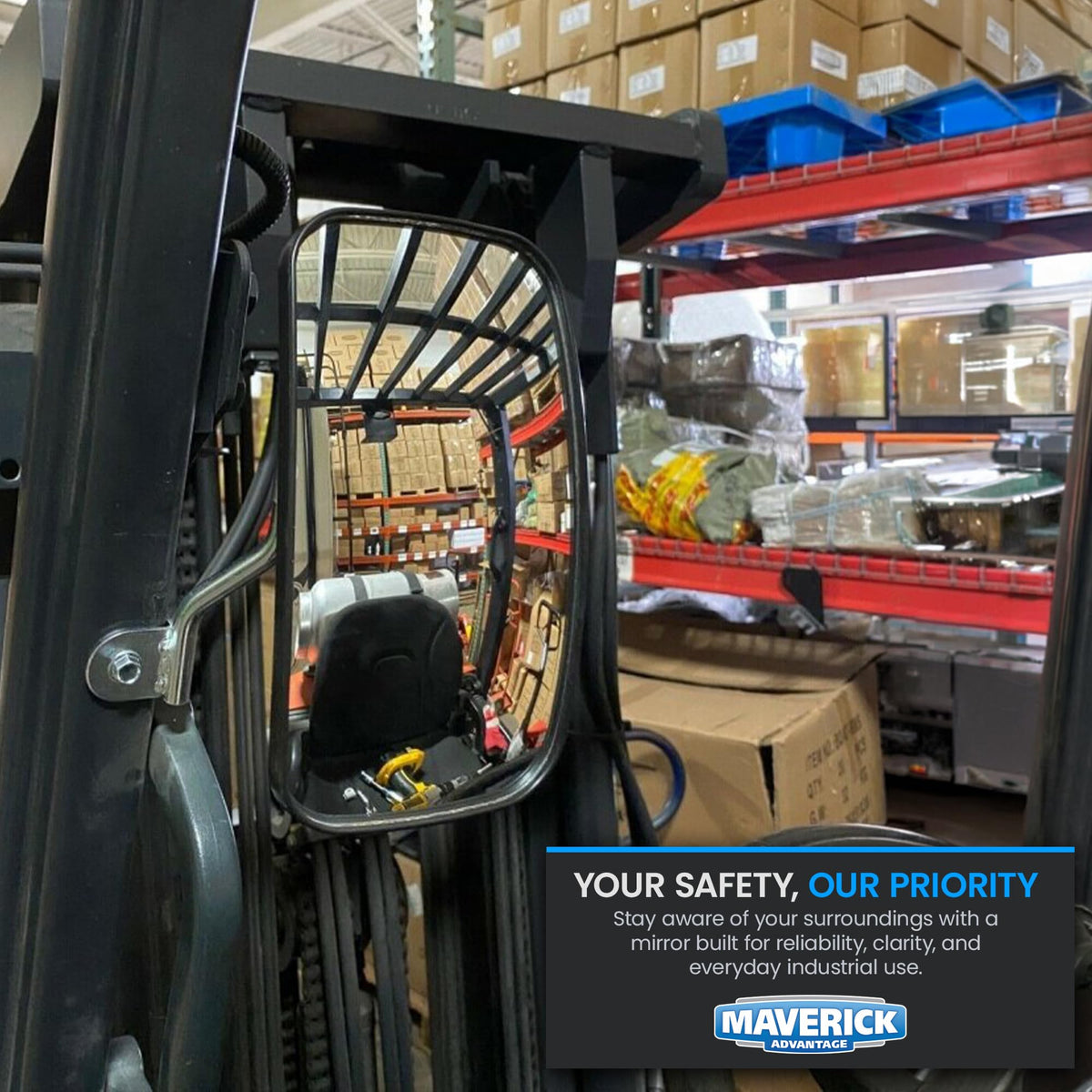 Maverick Advantage in warehouse scene helping operators spot pedestrians and pallets