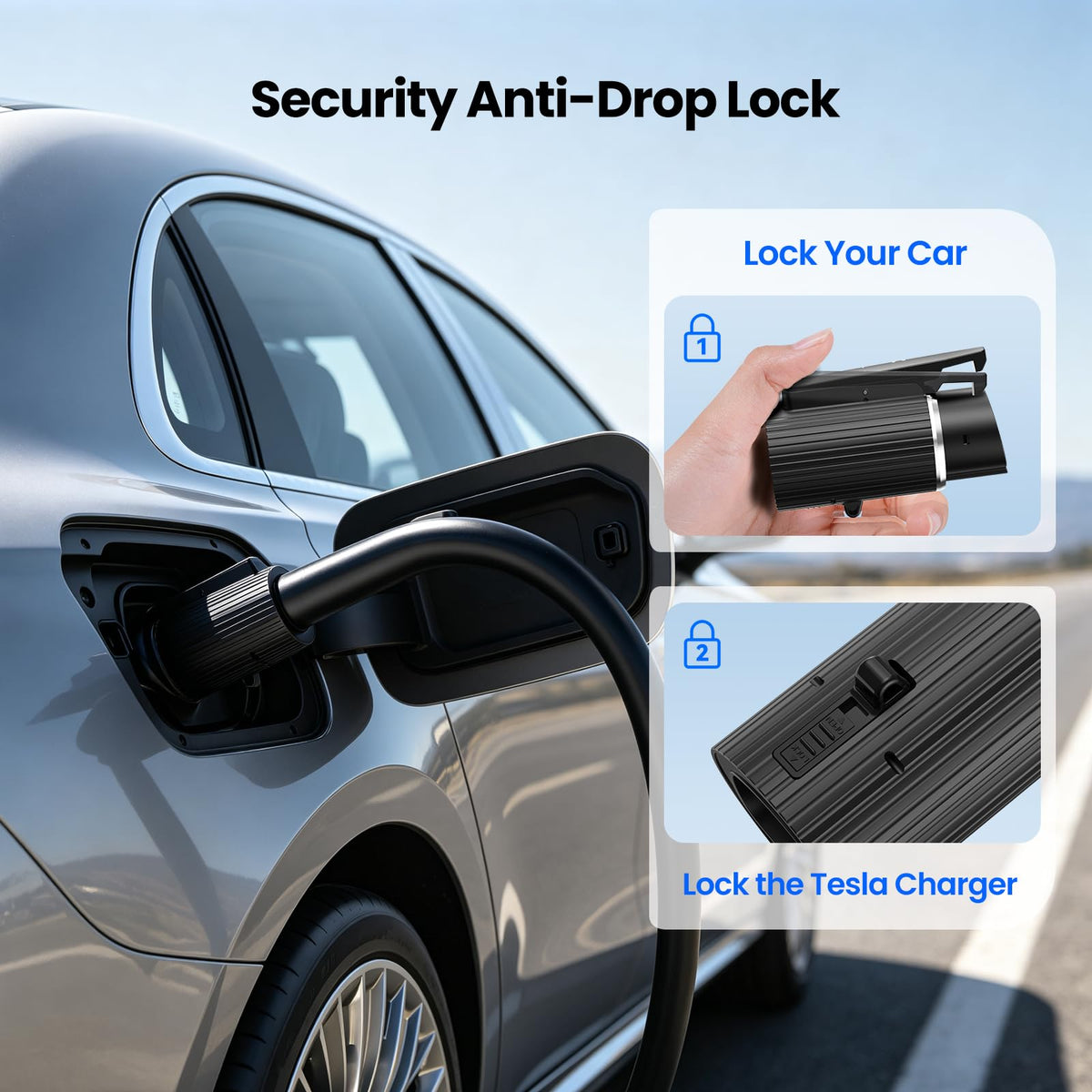 Mavulo adapter plugged into a destination charger demonstrating roadside convenience