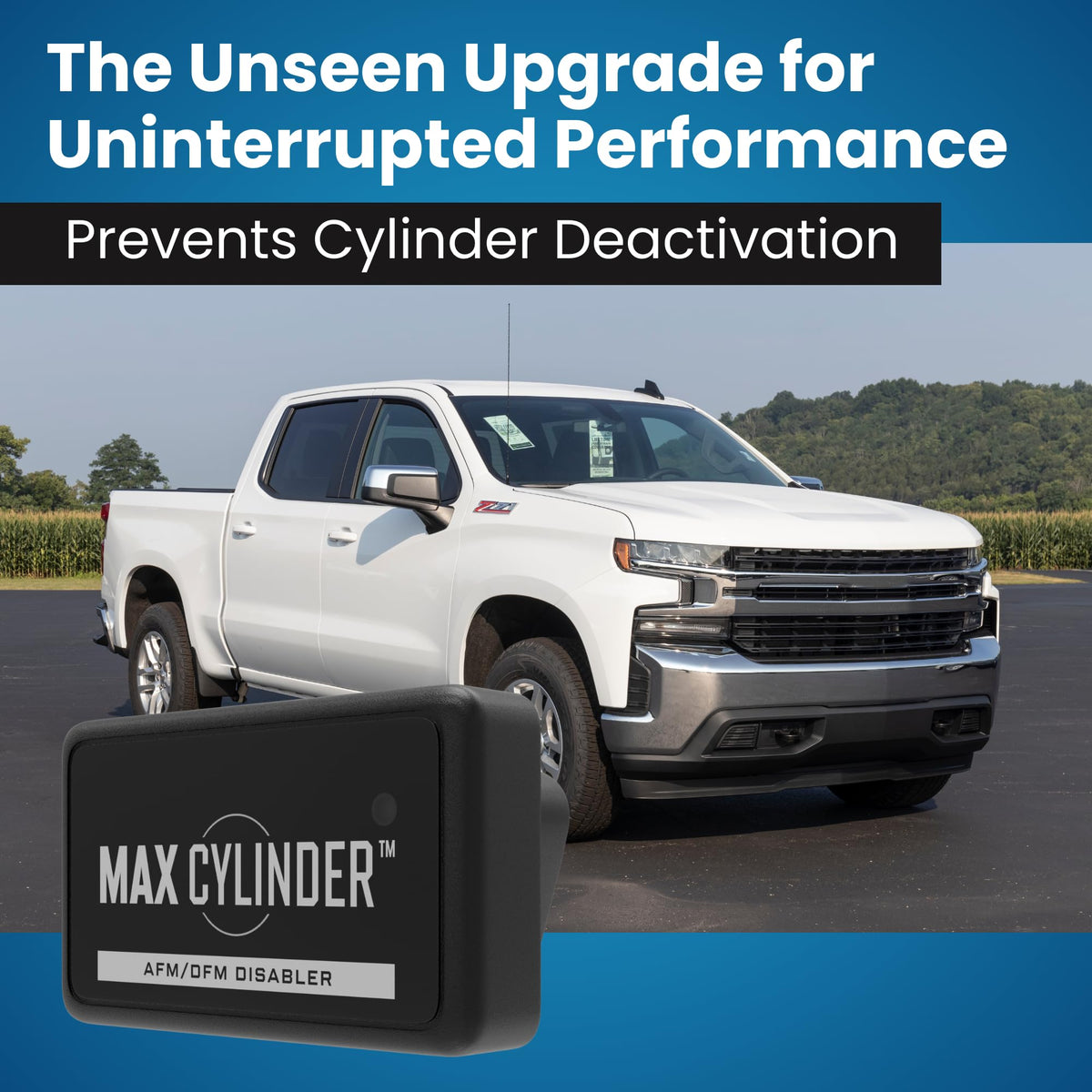 Max Cylinder lifestyle shot on Silverado showing restored V8 exhaust sound