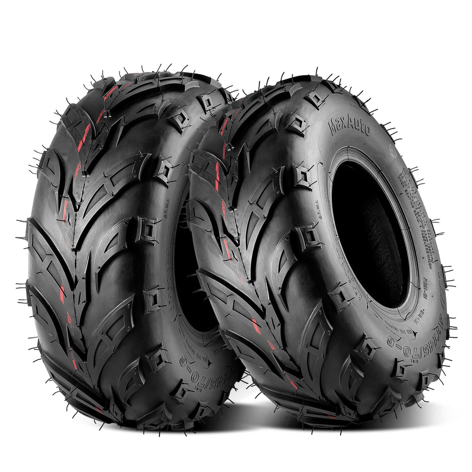 MaxAuto front view of two 145/70-6 tires showing tread — improved traction benefit