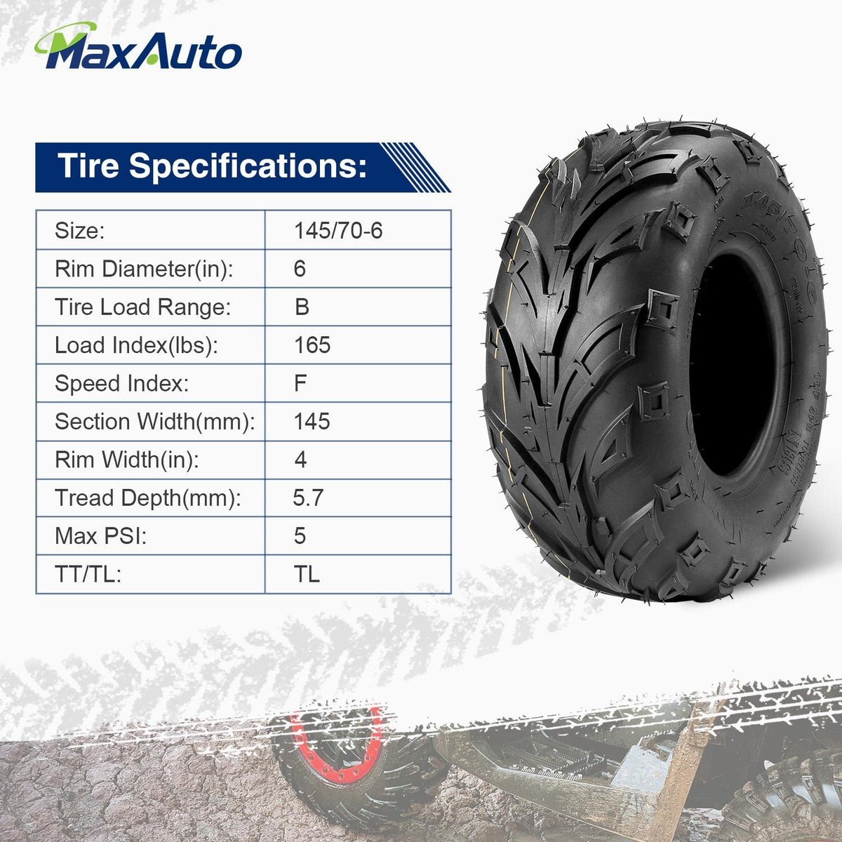 MaxAuto sidewall label with size markings — clear identification and fit benefit