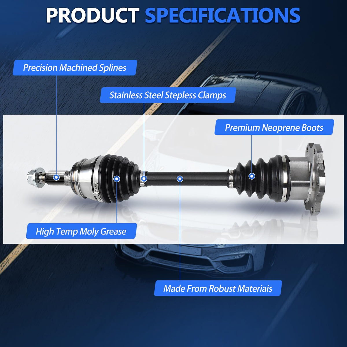 Maxfavor full-length CV axle shaft, illustrating correct OEM dimensions