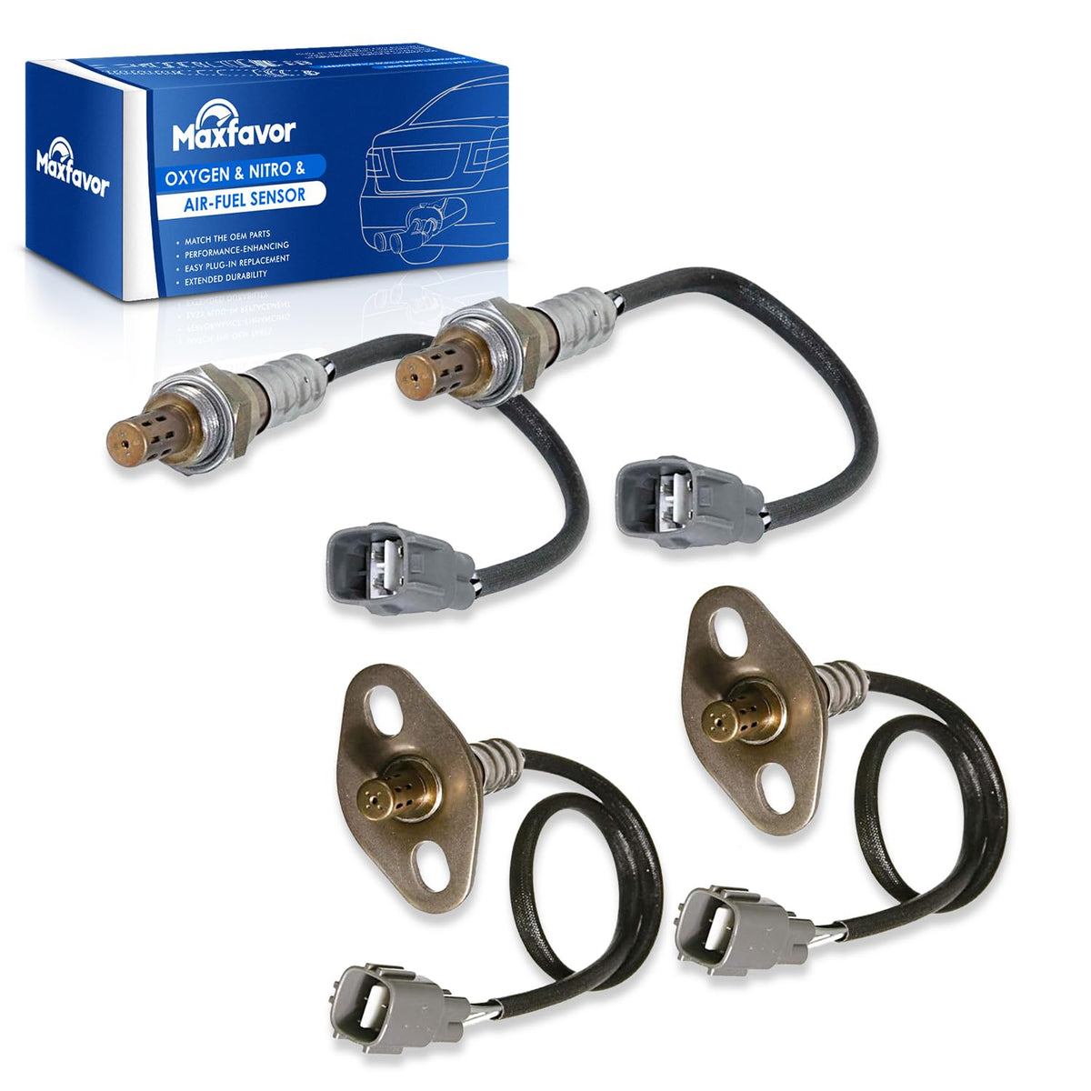 MAXFAVOR front packaging showing 4-piece O2 sensor kit and fitment benefit