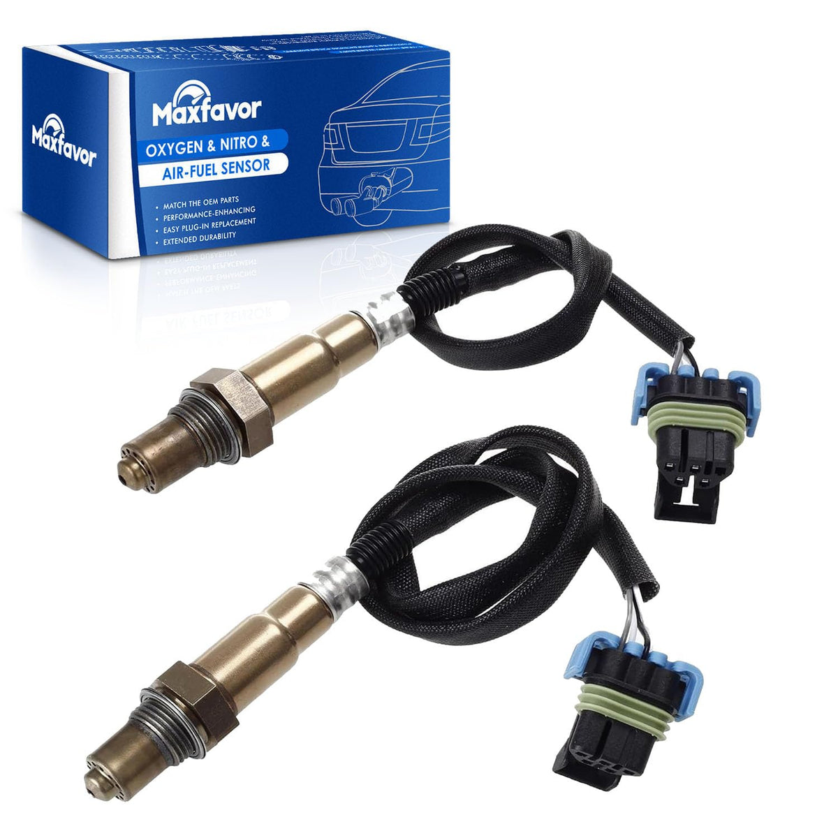 Maxfavor front packaging showing both O2 sensors and fitment details for confidence