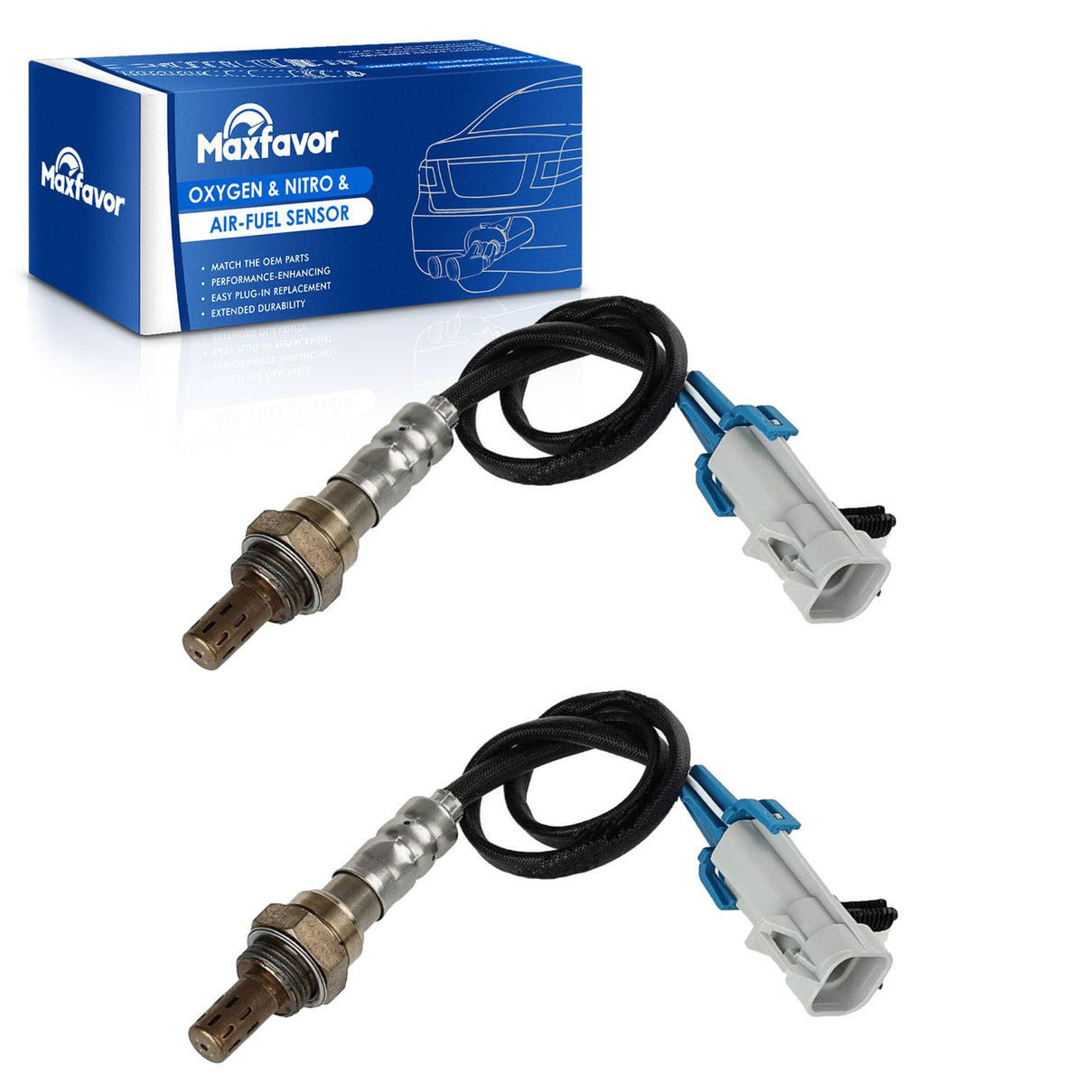 Maxfavor front packaging showing both O2 sensors and connectors for easy identification