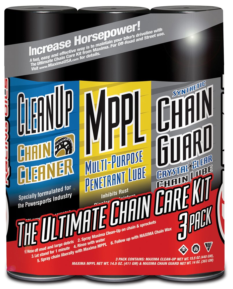 Maxima 3-pack aerosols front view showing cleaner, penetrant, chain guard protecting chain
