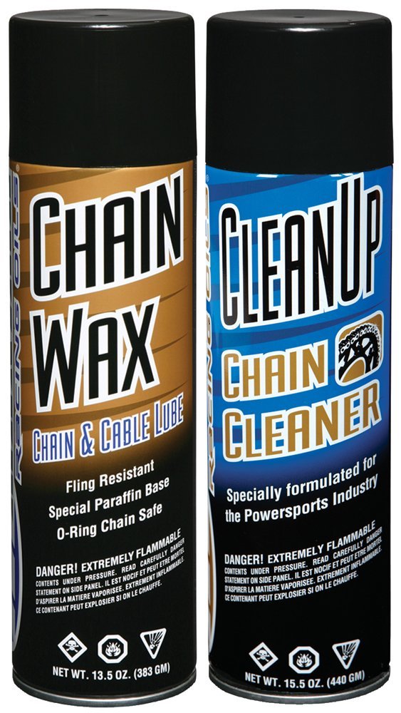 Maxima front packaging showing both clean up and chain wax cans for reliable chain care