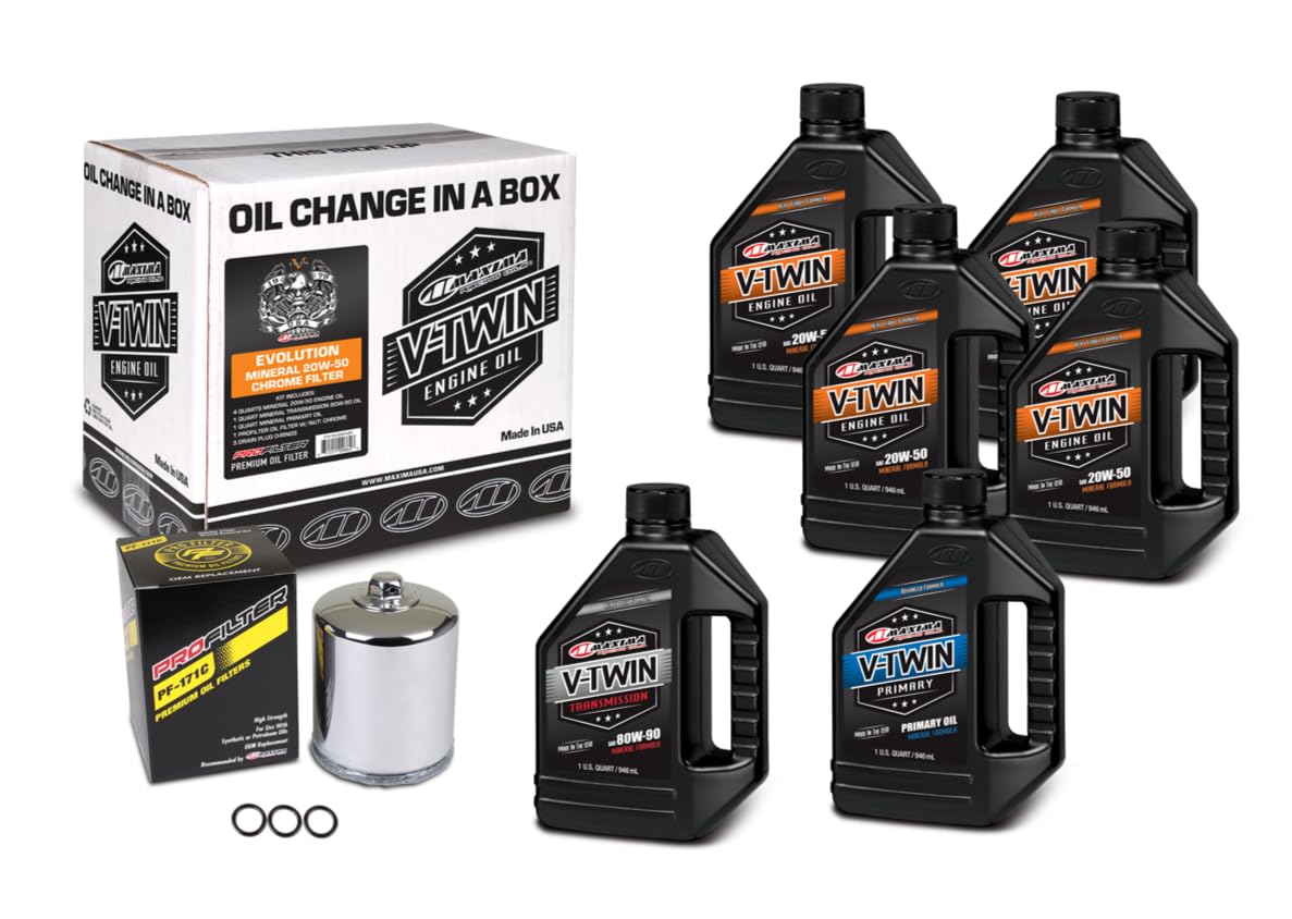 Maxima chrome filter and oil kit front view showing components and easy installation benefit