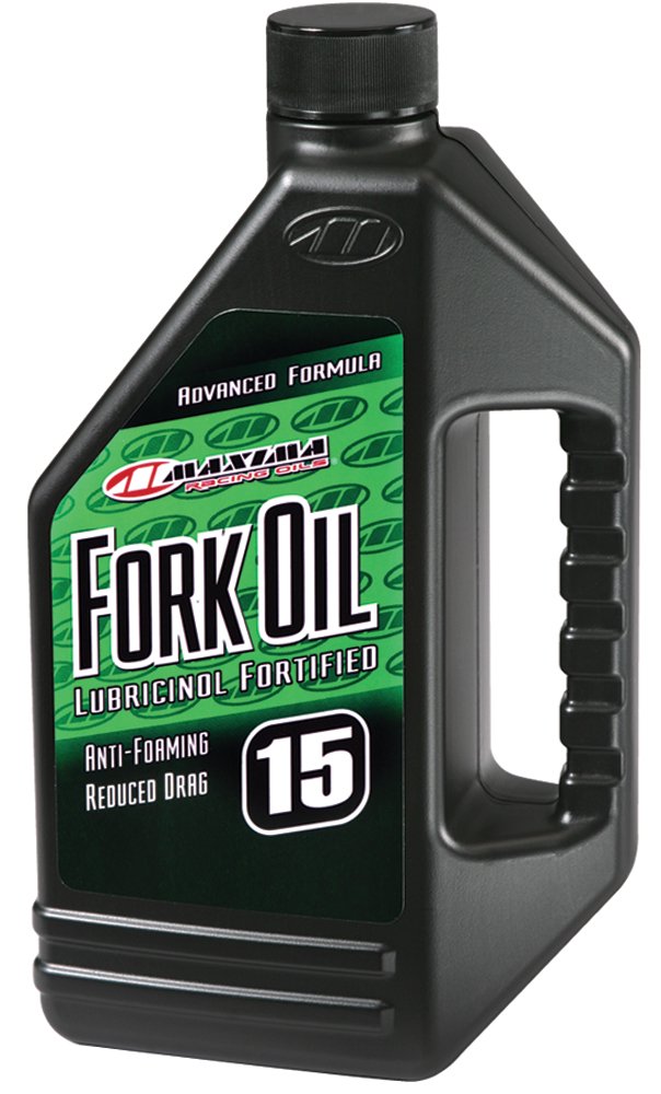 Maxima 15W fork oil front bottle showing label and easy-pour cap for clean pours