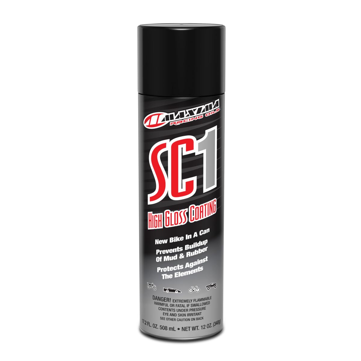 Maxima SC1 aerosol can front view showing label and glossy finish benefit