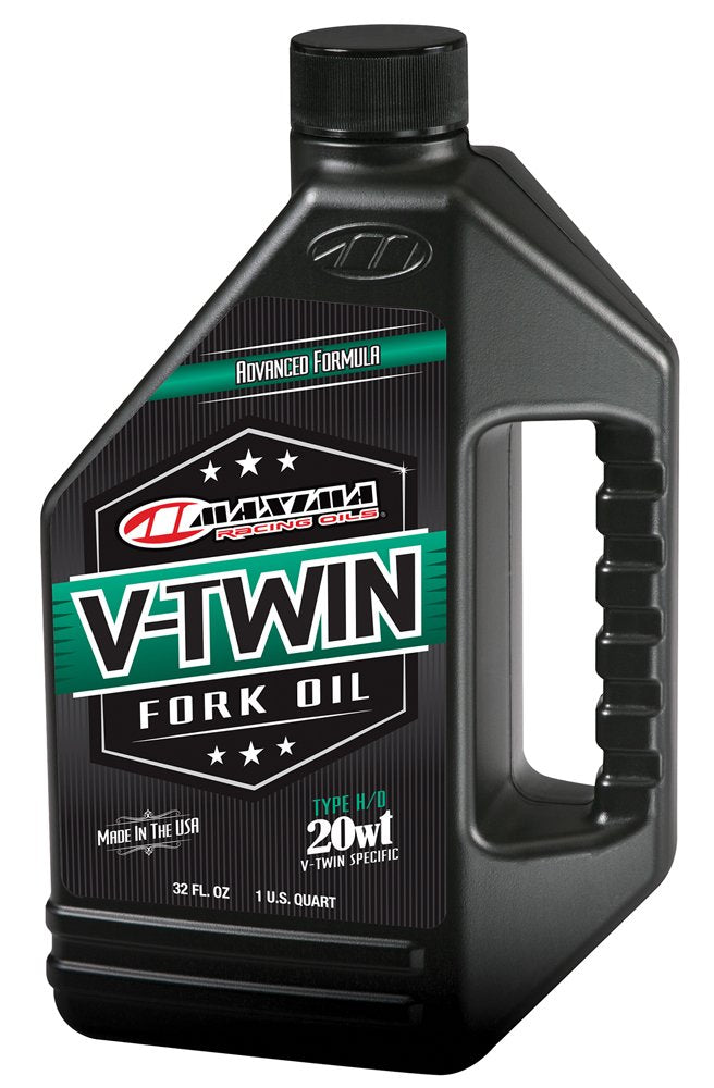 Maxima V-Twin 20wt bottle front view showing label for reliable fork protection