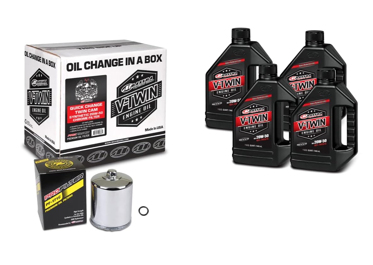 Maxima V-Twin chrome-filter kit front view showing oil bottle and chrome filter benefits protection