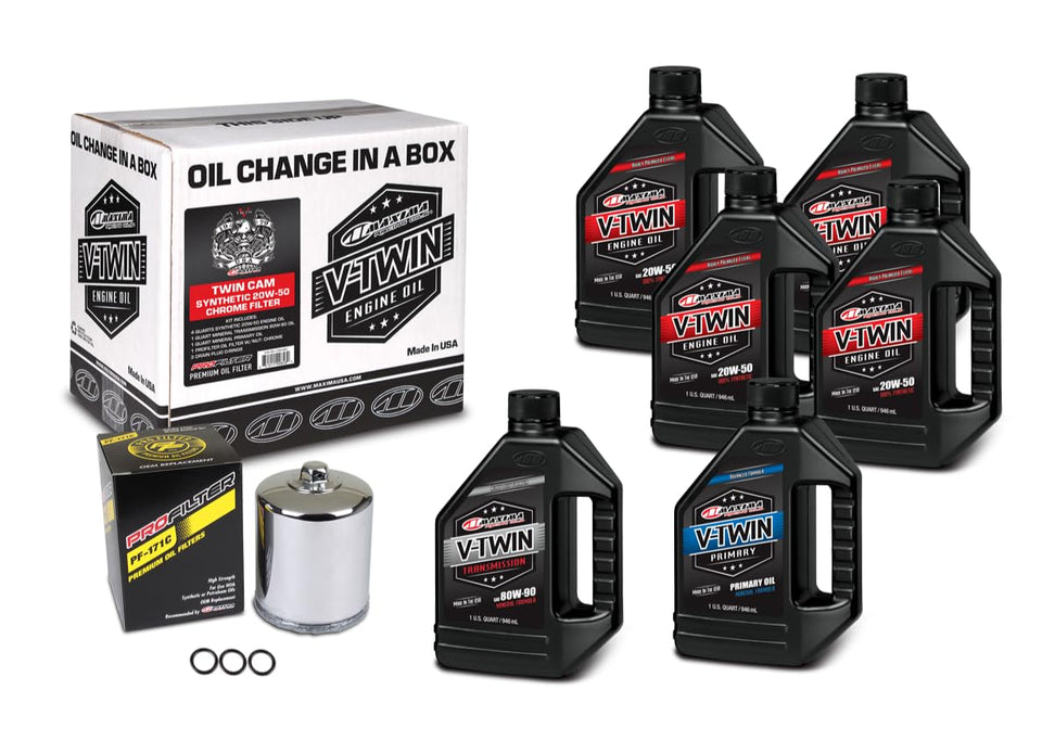 Maxima V-Twin kit front view showing oil container and black filter for reliable protection