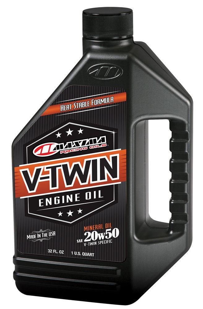 Maxima V-Twin Mineral 20W50 bottle front label showing product benefits and protection