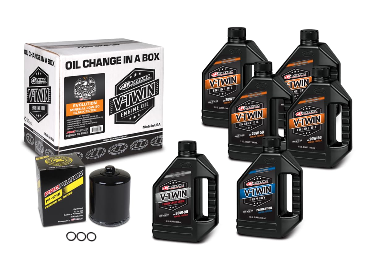 Maxima V-Twin front packaging showing kit and black filter for easy maintenance