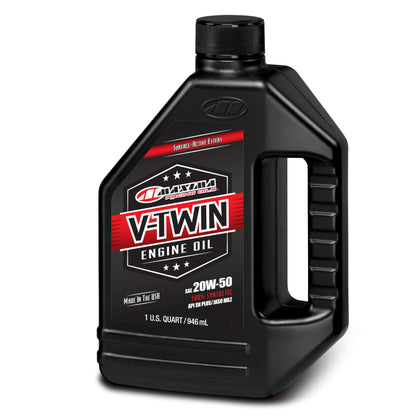 Maxima V‑Twin 20W50 front label showing product and correct oil selection benefit
