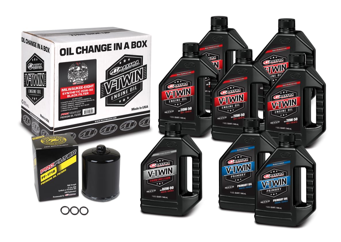 Maxima V-Twin kit front packaging showing oil bottle and black filter for reliable protection
