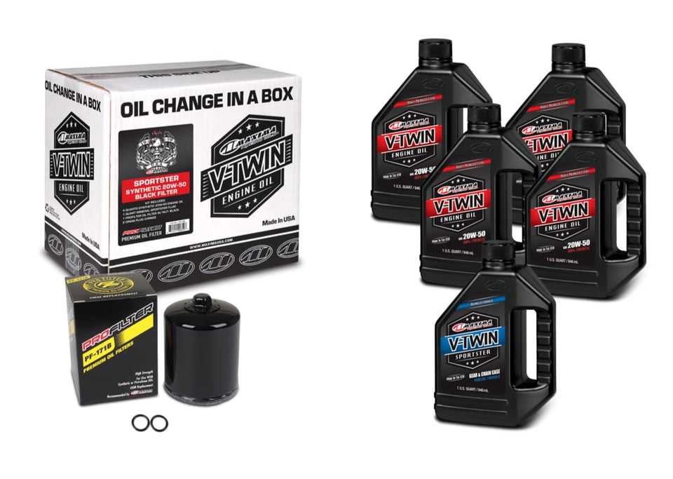 Maxima V-Twin kit front view showing oil and black filter for easy motorcycle maintenance