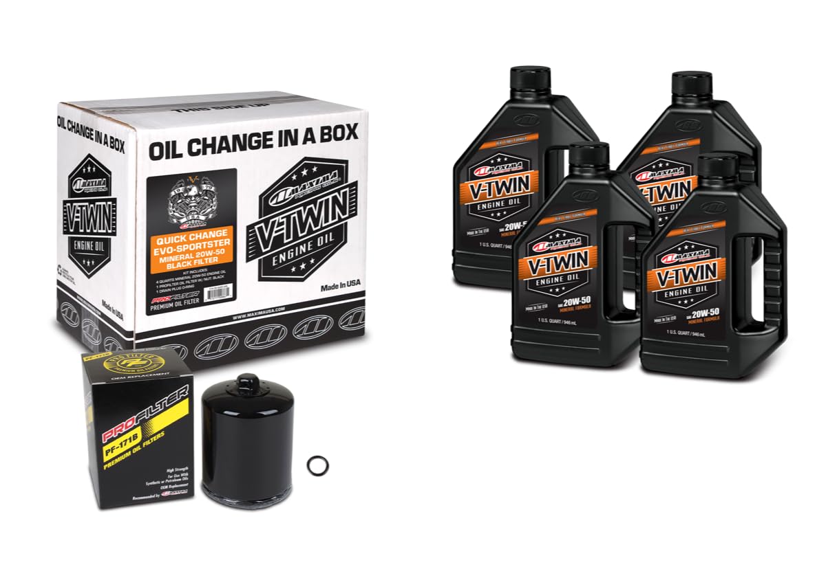 Maxima V-Twin quick change kit showing oil bottle and black filter, simplifies maintenance