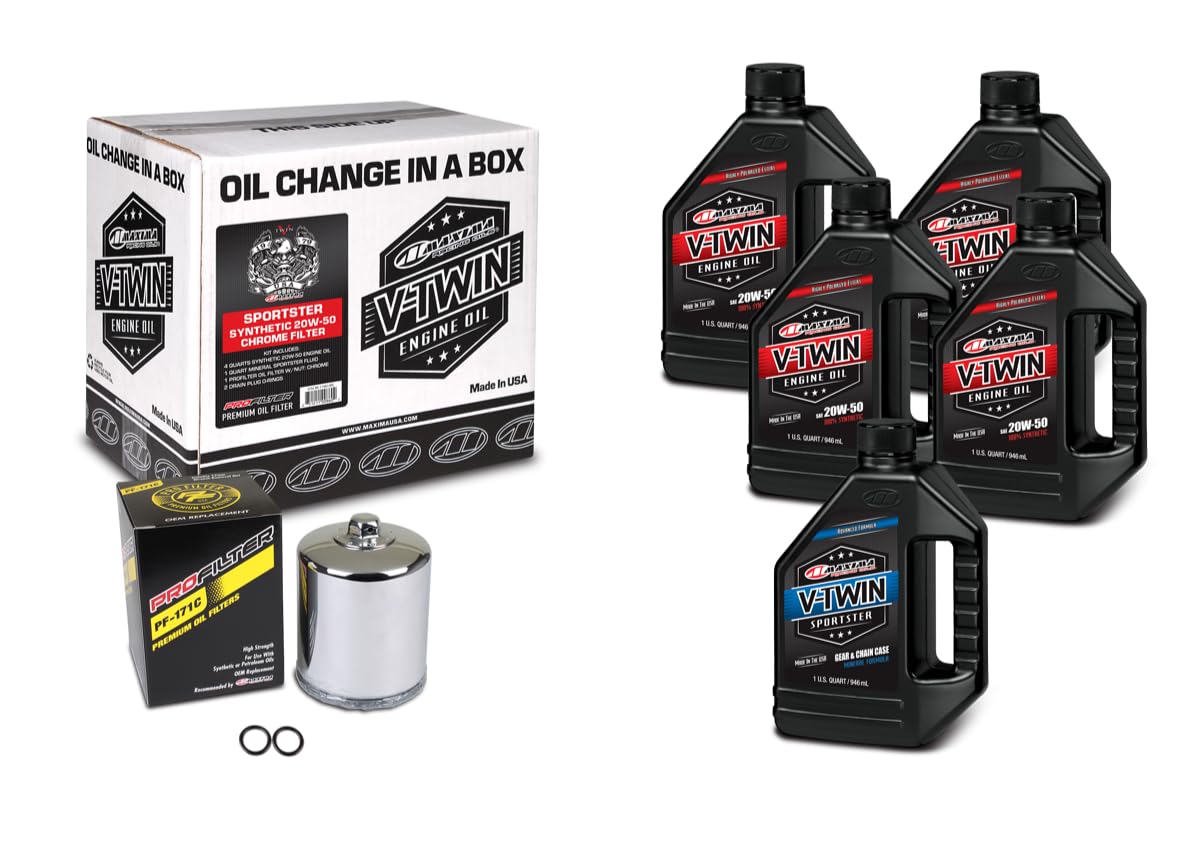 Maxima chrome filter and oil kit front view showing complete V-Twin service kit benefit