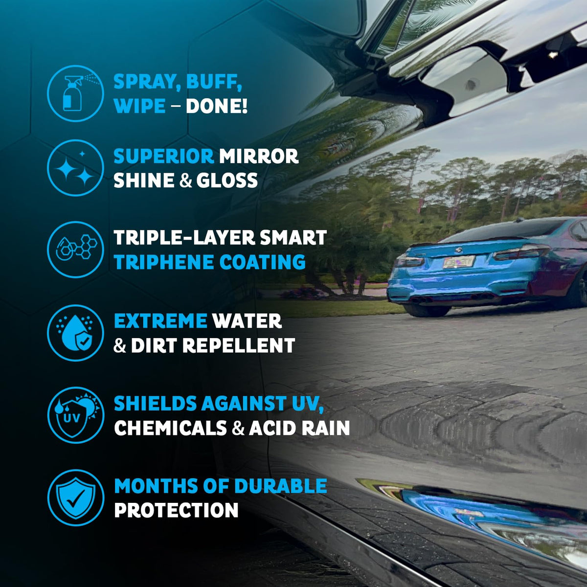 MAXL on windshield with water beading, illustrates hydrophobic shine benefit