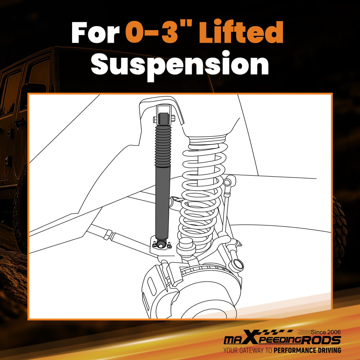 maXpeedingrods lift measurement showing compatibility with 0–3 inch lifts