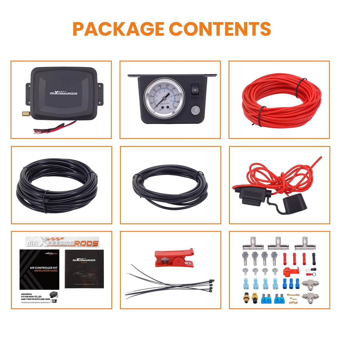 maXpeedingrods packaging and installation hardware organized for straightforward assembly