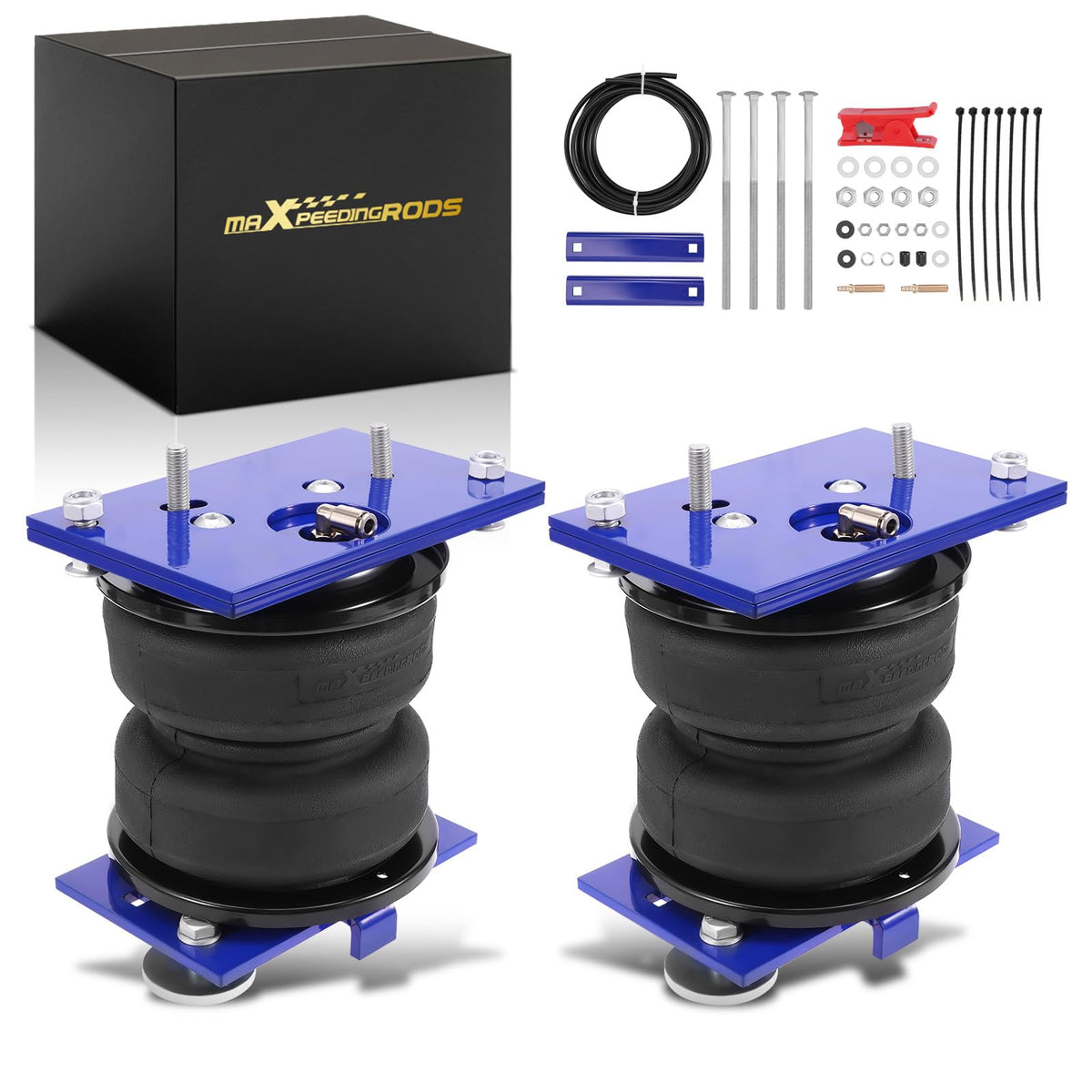 maXpeedingrods front packaging showing complete rear air bag kit components and fitment benefit